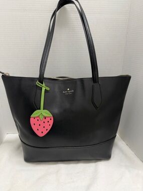 kate spade Black Leather Tote with Pink Strawberry Charm
